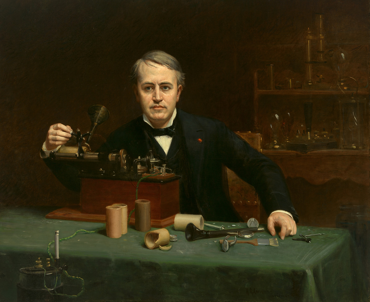 painting of a scientist at a table with equipment