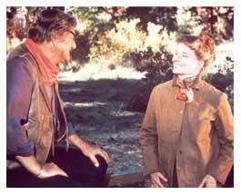 Photograph of Katharine Hepburn and John Wayne in "Rooster Cogburn," Universal, 1975