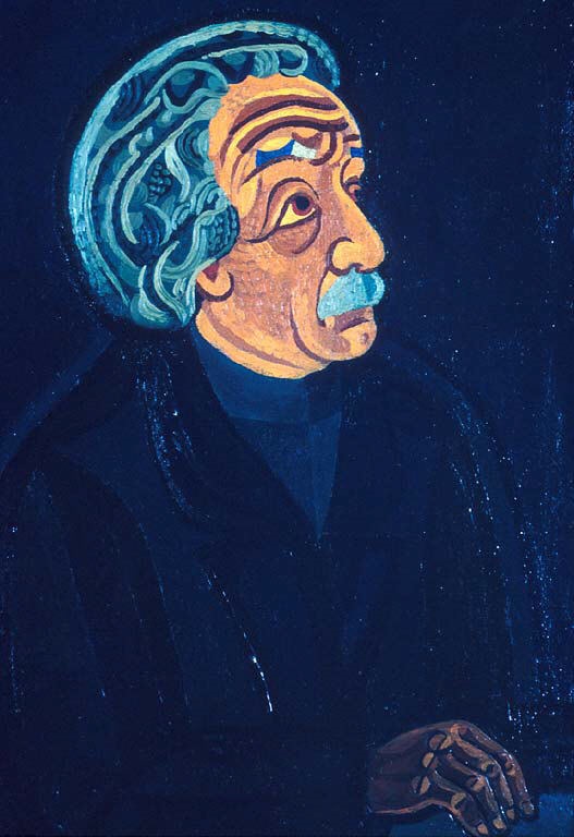 A drawing of a man with a white beard against a blue background
