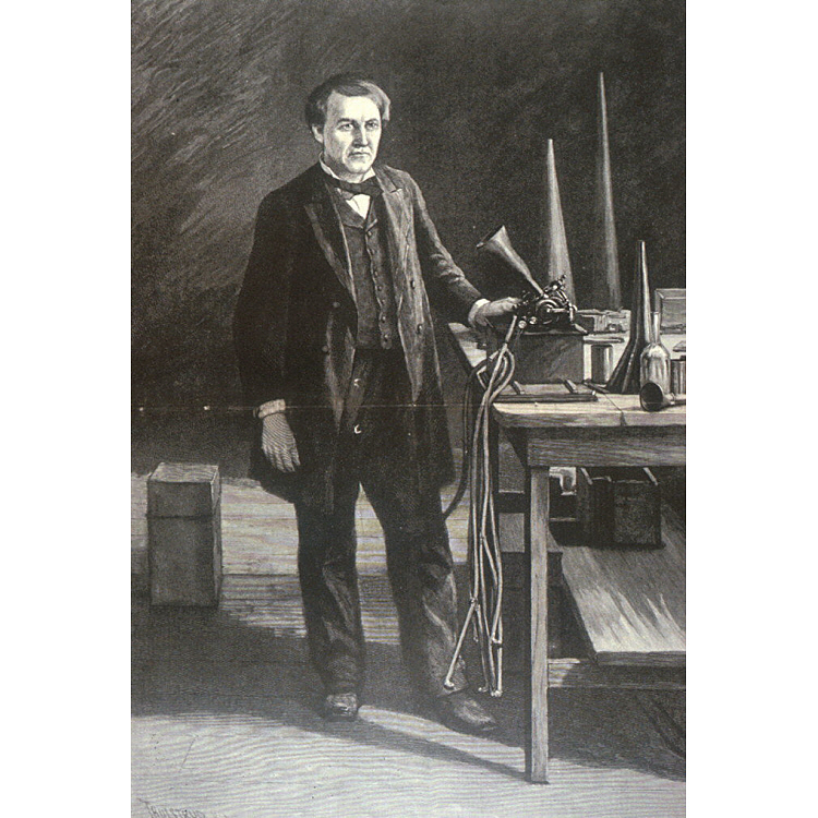 Black and white lithographic print of a man in a suit staring at the viewer