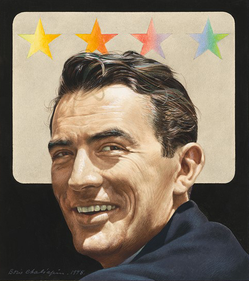 A drawing of a man smiling and looking past the viewer