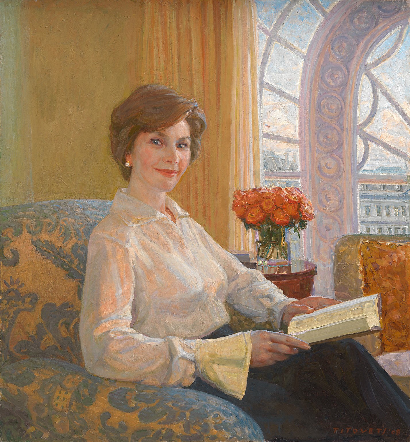 Painting of a woman in a white blouse sitting in a chair and looking up from a book