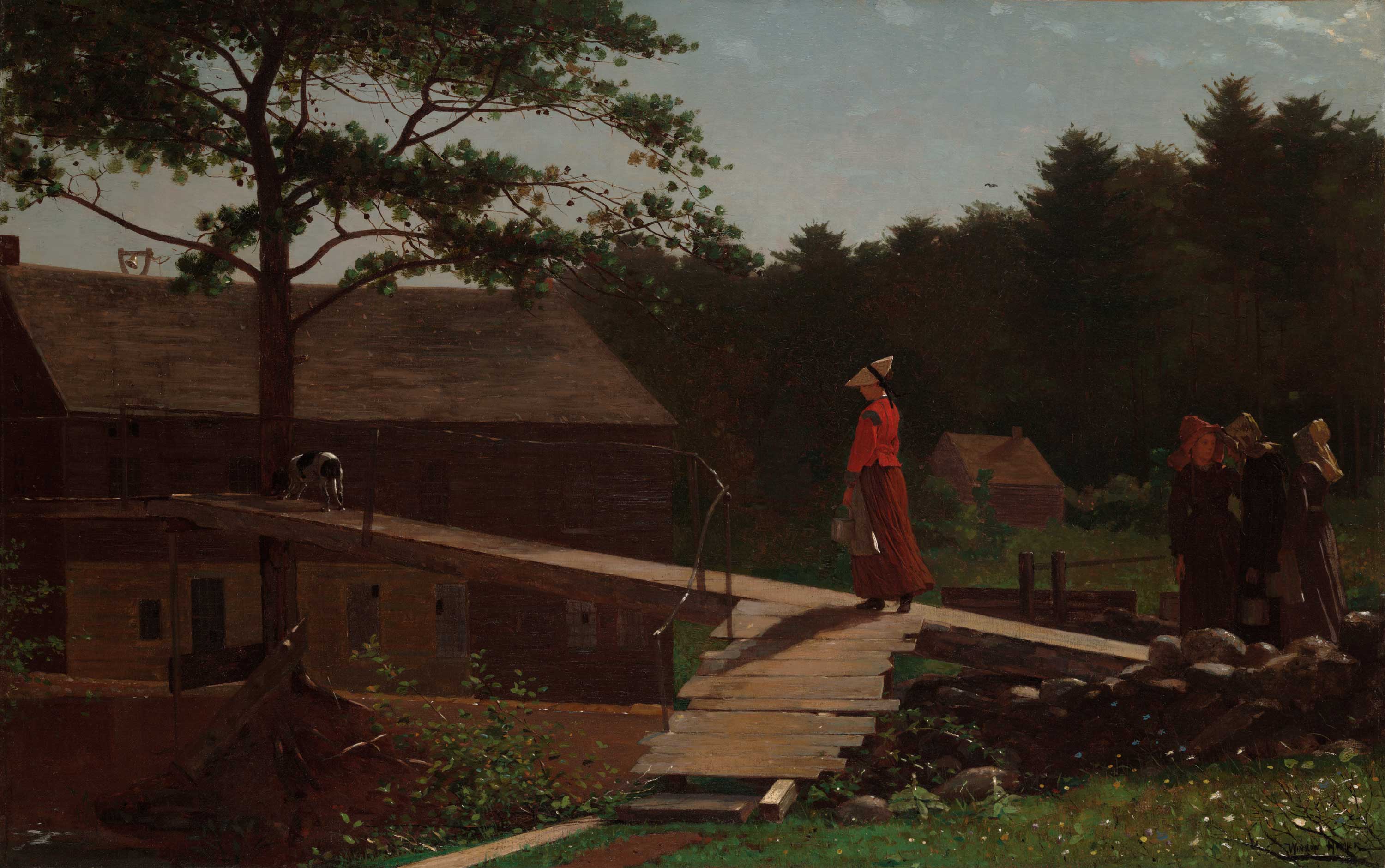 Painting of a woman in a red dress walking across a bridge
