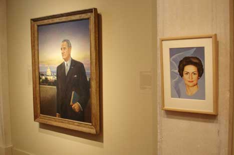 Lady Bird Johnson portrait next to President Johnson portrait in "America's Presidents" exhibition at the Portrait Gallery
