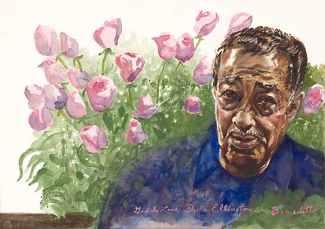 Painted portrait of Duke Ellington, purple flowers in background