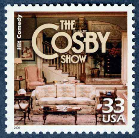 Stamp showing set of the Cosby Show (the Huxtable's living room) reading "Cosby Show" and "33 USA"