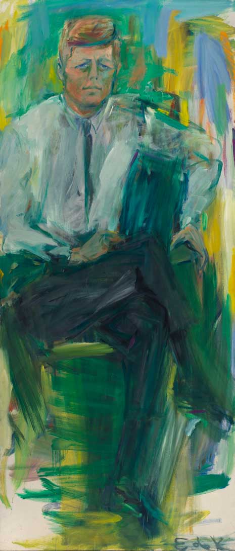 Oil on canvas, full body painting of John F. Kennedy, seated