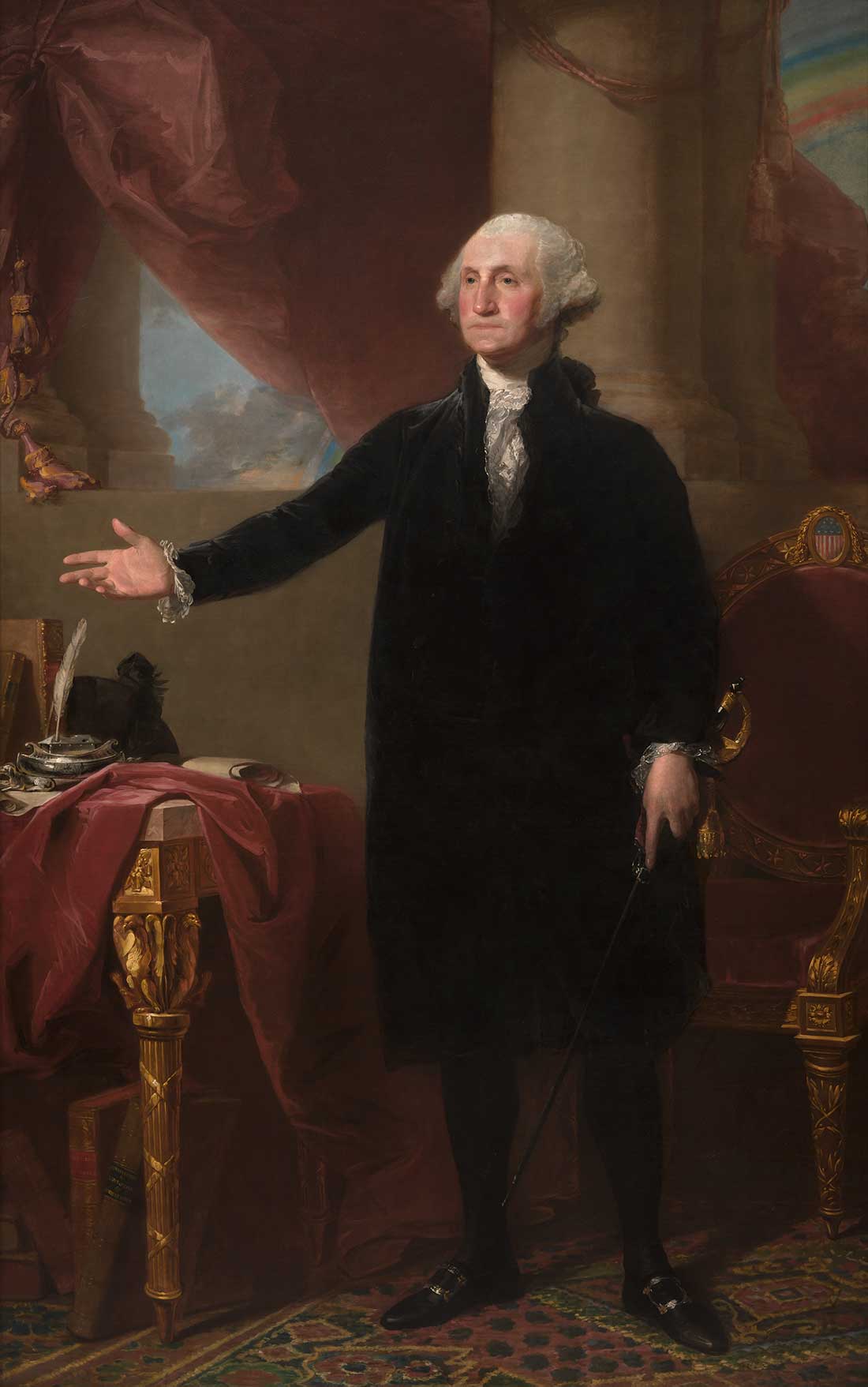 Painted portrait of George Washington with hand outstretched