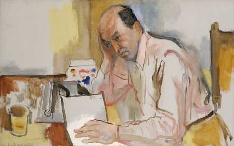 Painted portrait of Clement Greenberg, holding head and reading