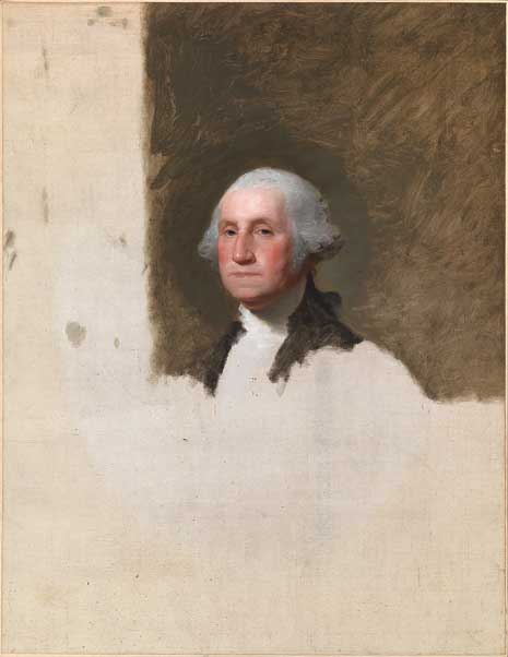 Painted portrit of Georgewashington, much of the canvas is empty and incomplete