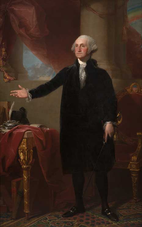 Full length painted portrait of George Washington with hand outstretched