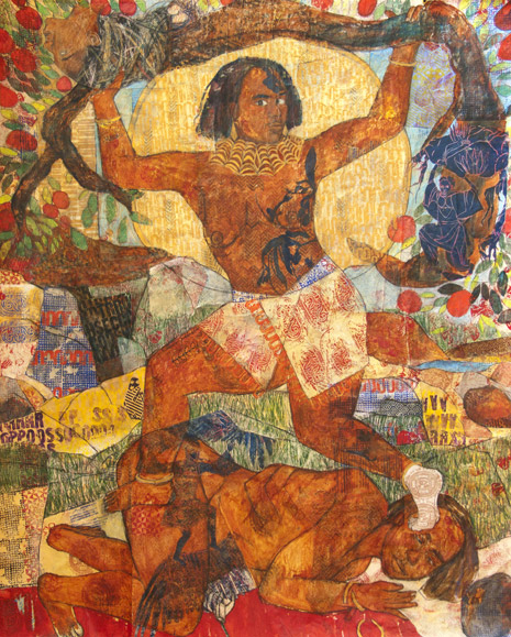 "Mocoonama" by Mequitta Ahuya -- a large collage work of a figure underneath a tree, with sun behind, and another figure underneath the feet..