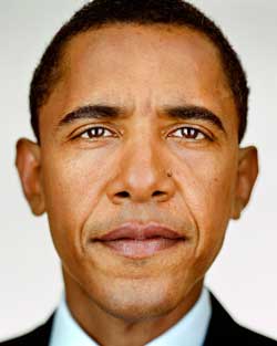 Photographic portrait of Barack Obama, just face, staring forward into camera