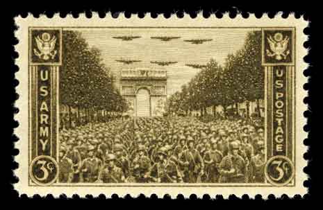 3 cent stamp reading US Army down each side, and showing soldiers at Arc de Triomphe  in Paris