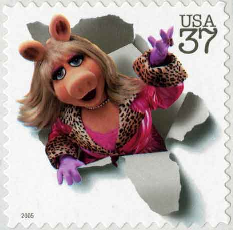 Miss Piggy stamp with photo of Miss Piggy, reading "USA 37" 