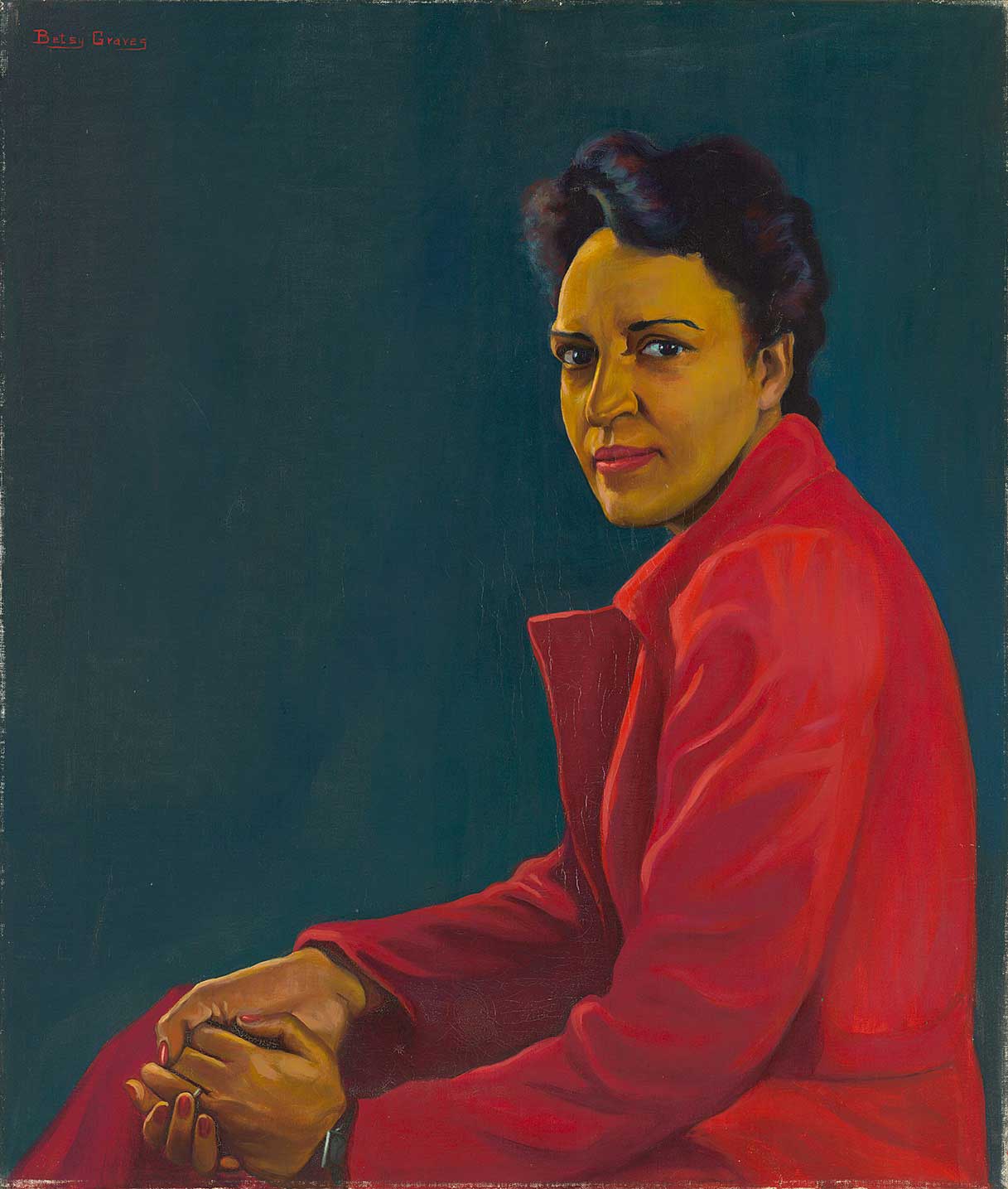A painting of a seated women in profile and wearing a red dress