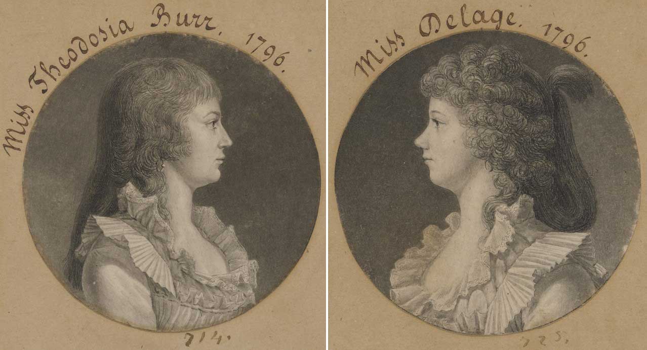 Prints of two women in pleated dresses facing inward in profile