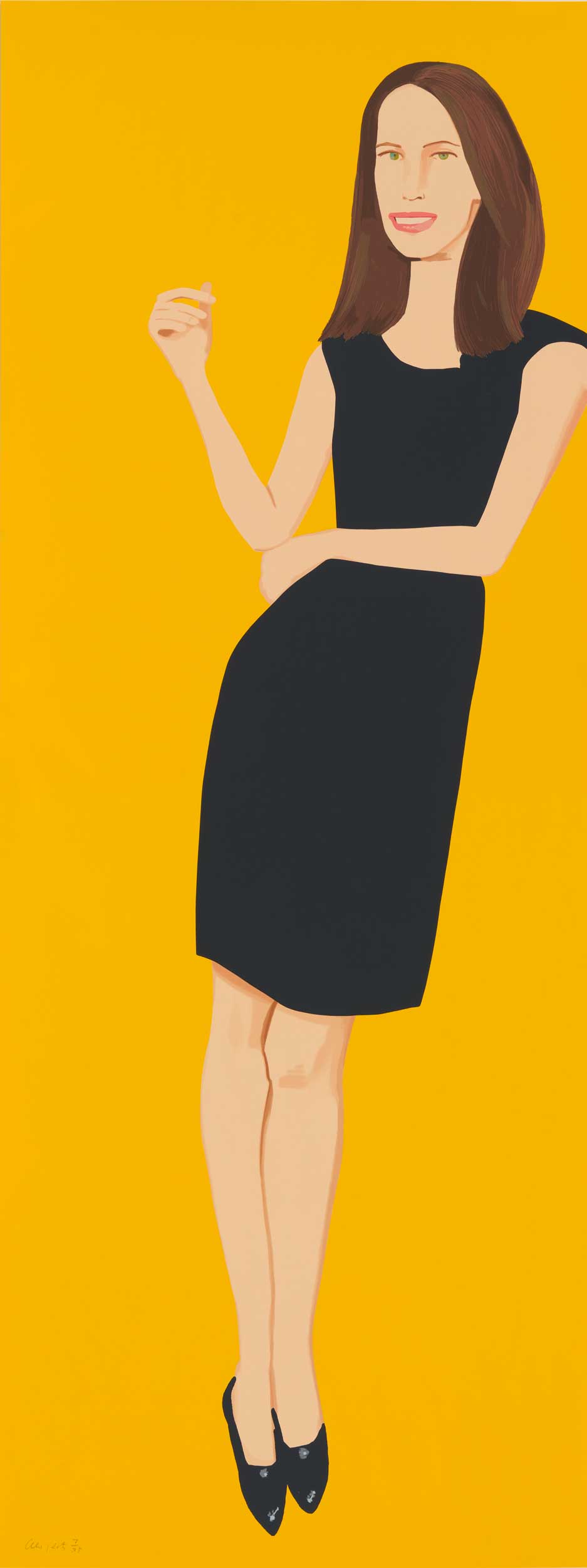 Brightly colored graphic painting of a woman in a black dress
