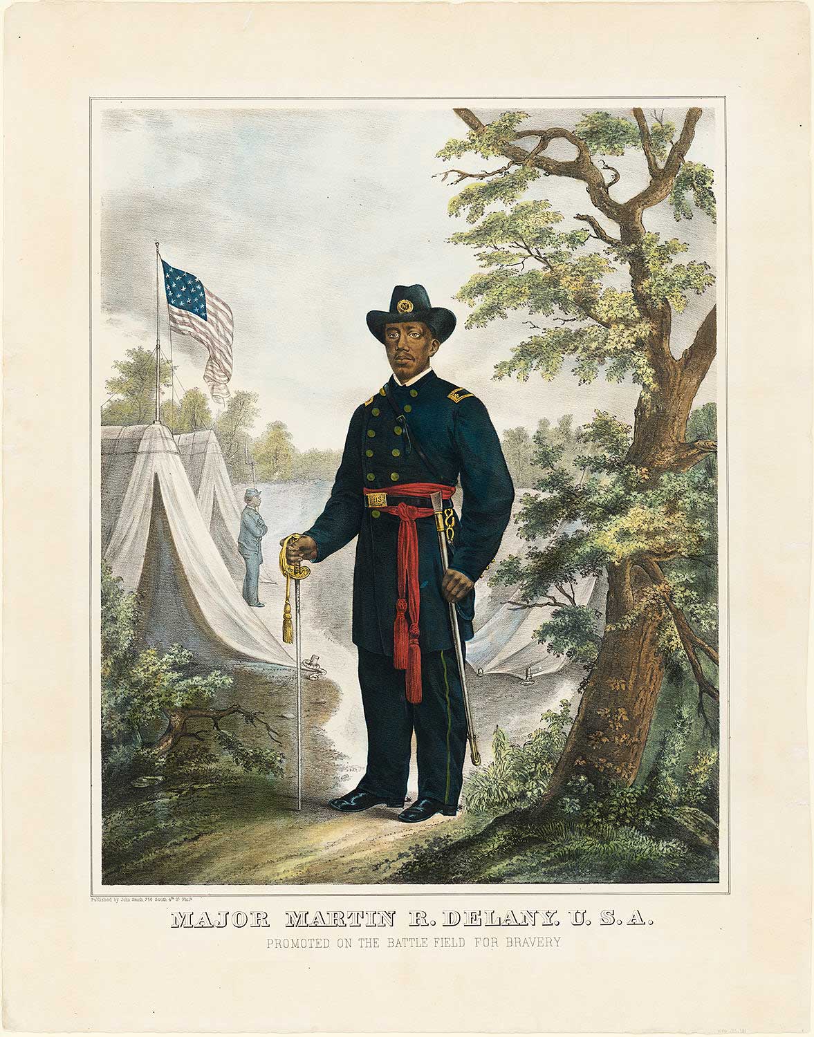 A drawing of a man in an army uniform standing in front of white tents