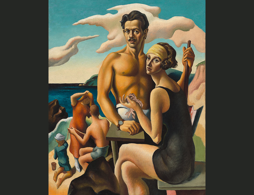 Bare chested man with his wife in a bathing suit
