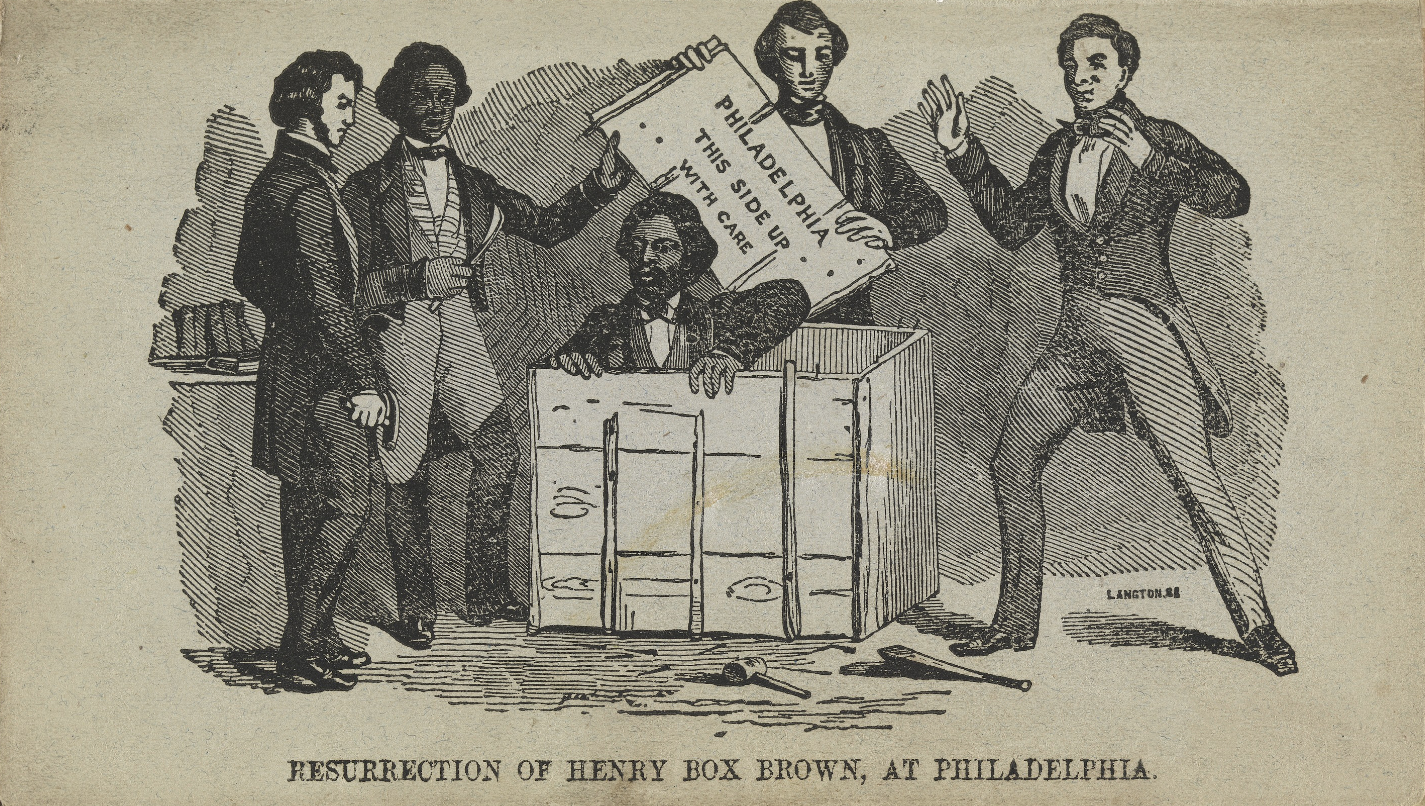 A lithograph of a man coming out of a box