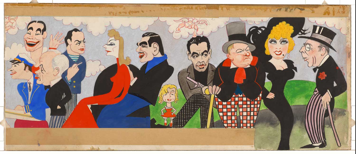 Cartoon drawing of many people in brightly colored clothing