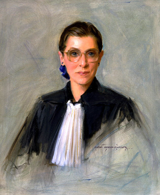 Sketchy painting of a woman's bust wearing a judge's robe