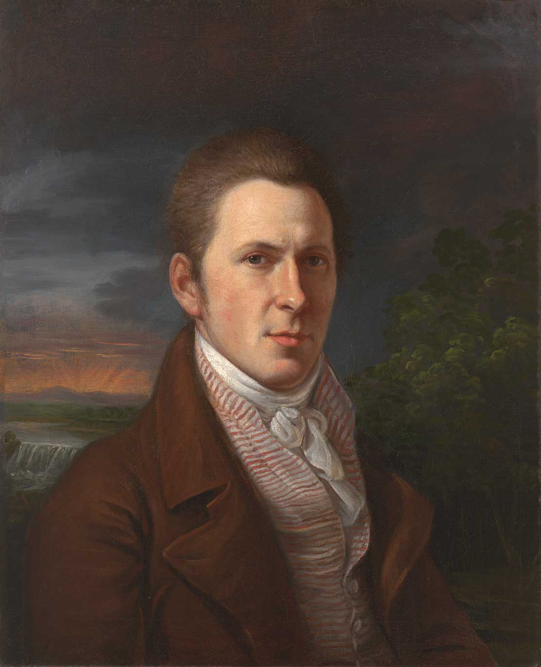 Painting of a man in colonial garb against a stormy landscape