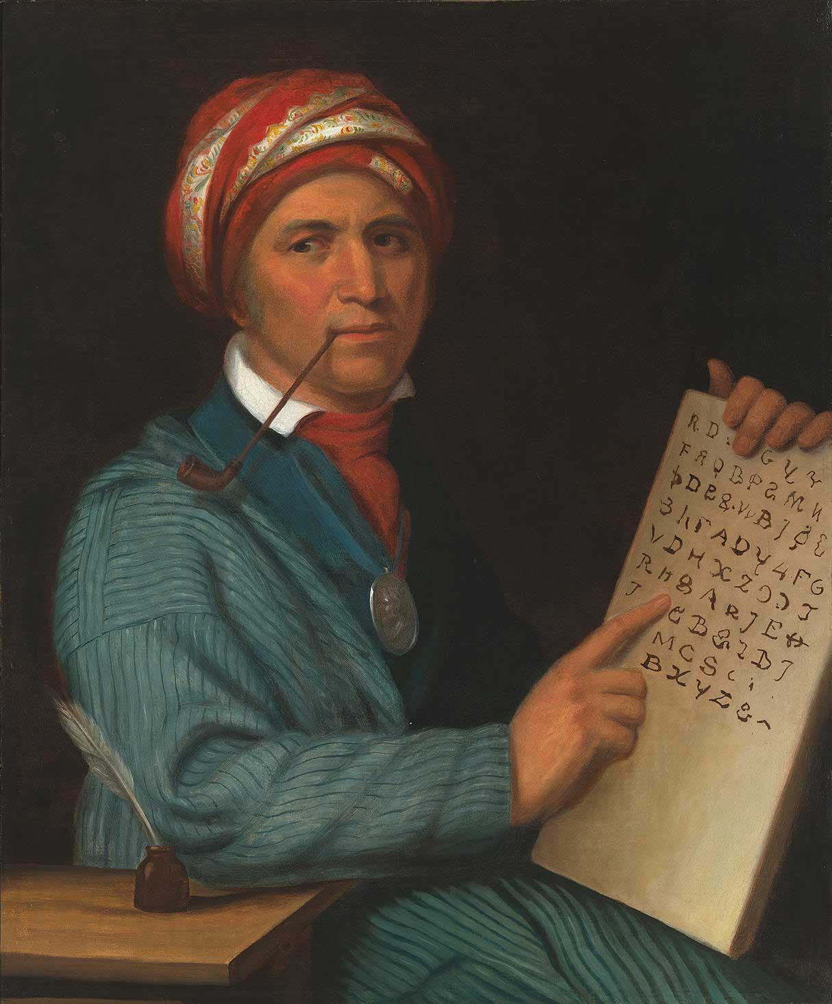 Painting of a man holding a book and looking at the viewer