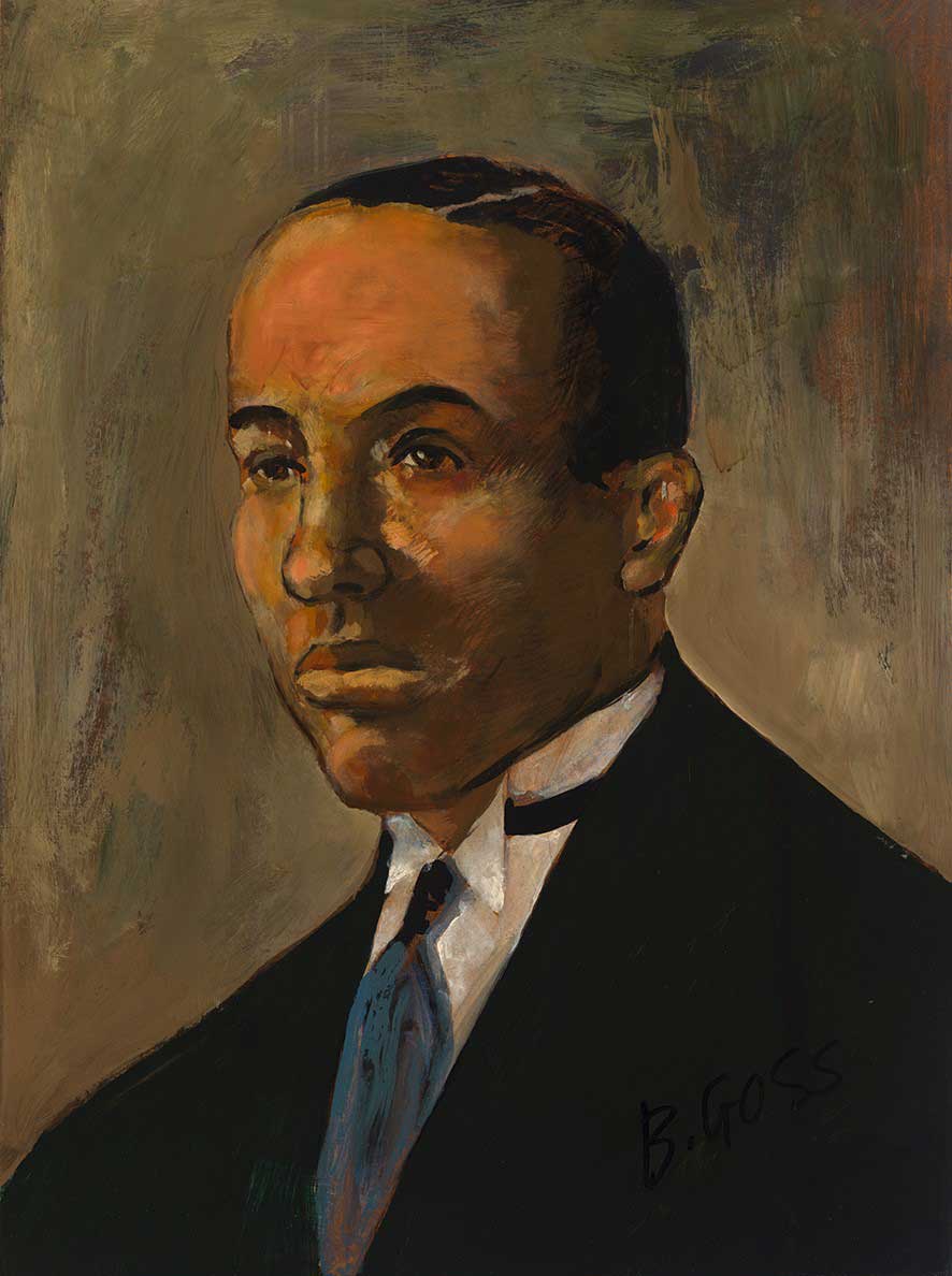 Painting of a man wearing a suit against a gray-green background
