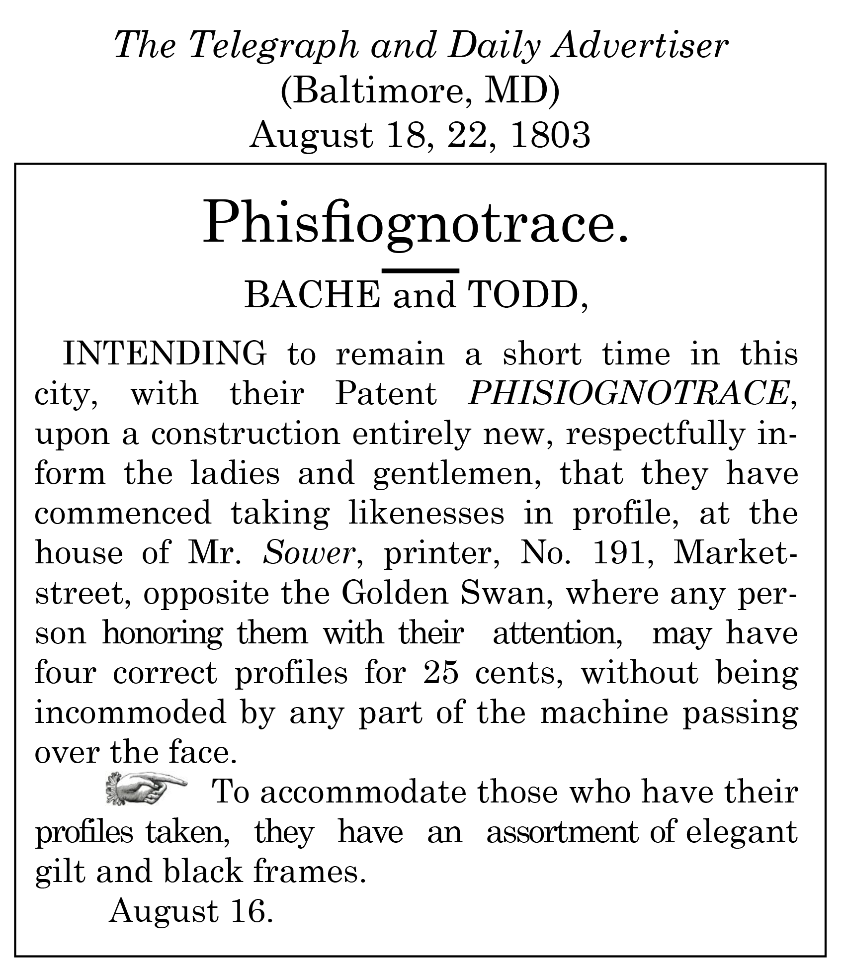 William Bache newspaper advertisement clipping