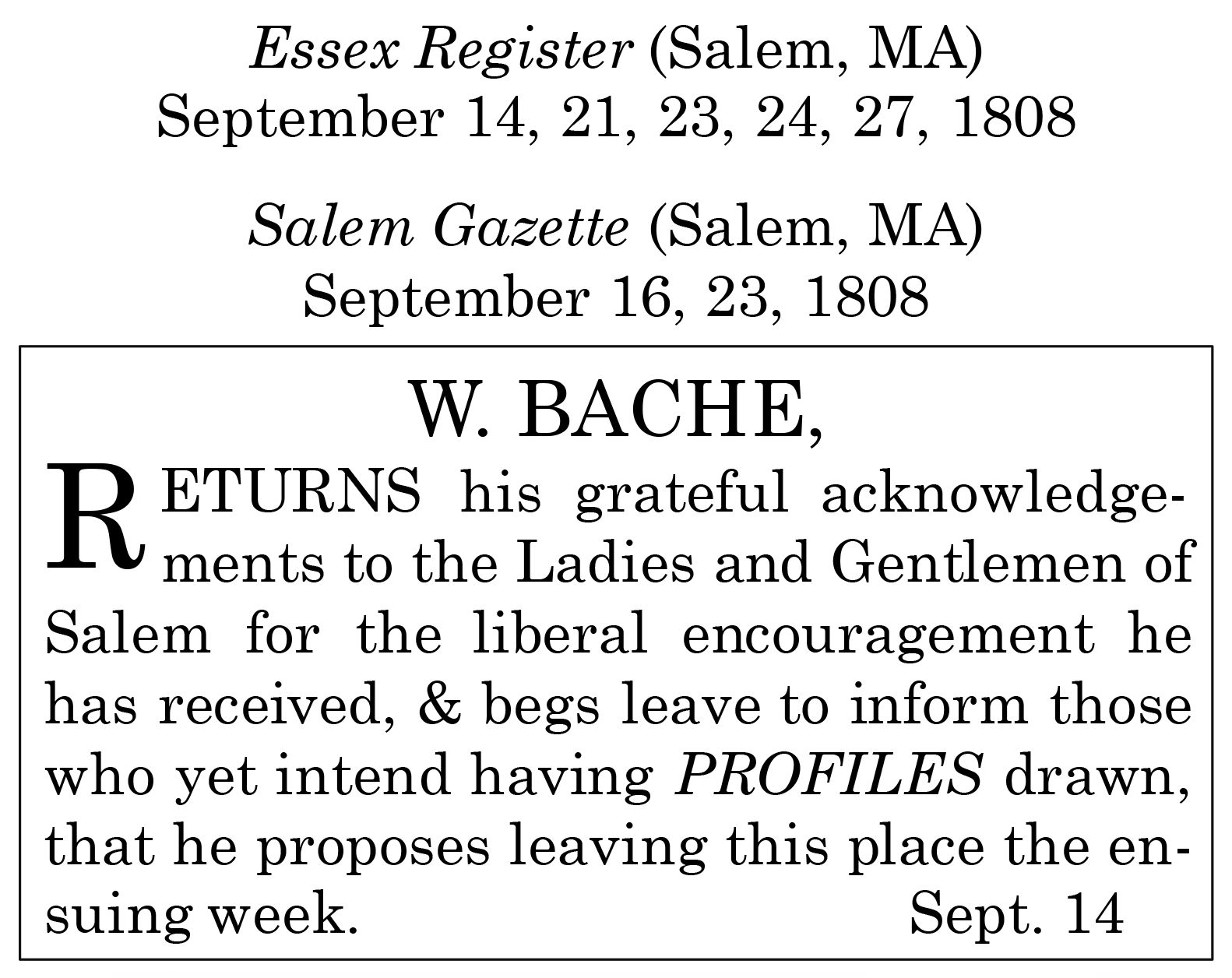 William Bache newspaper advertisement clipping