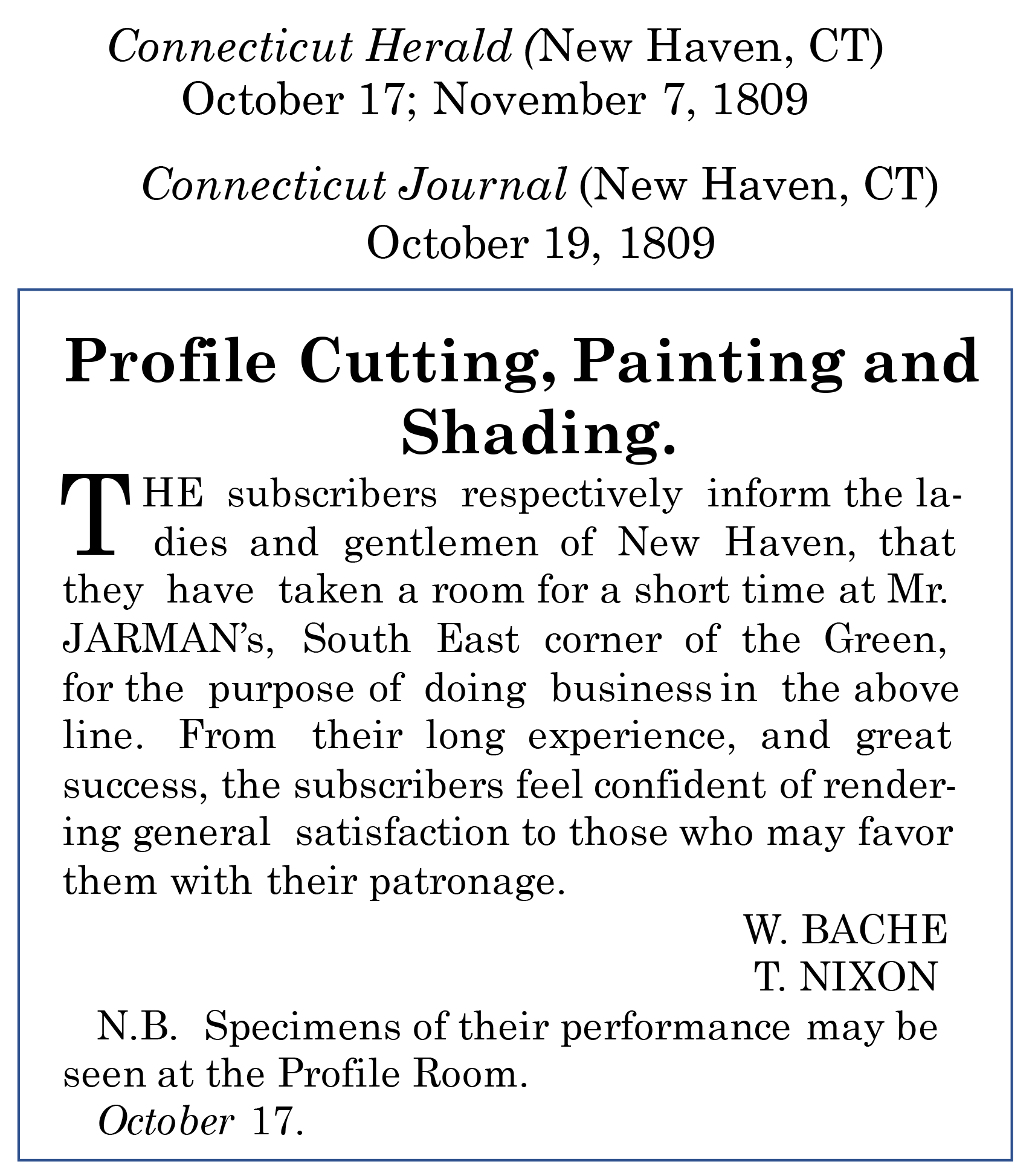 William Bache newspaper advertisement clipping