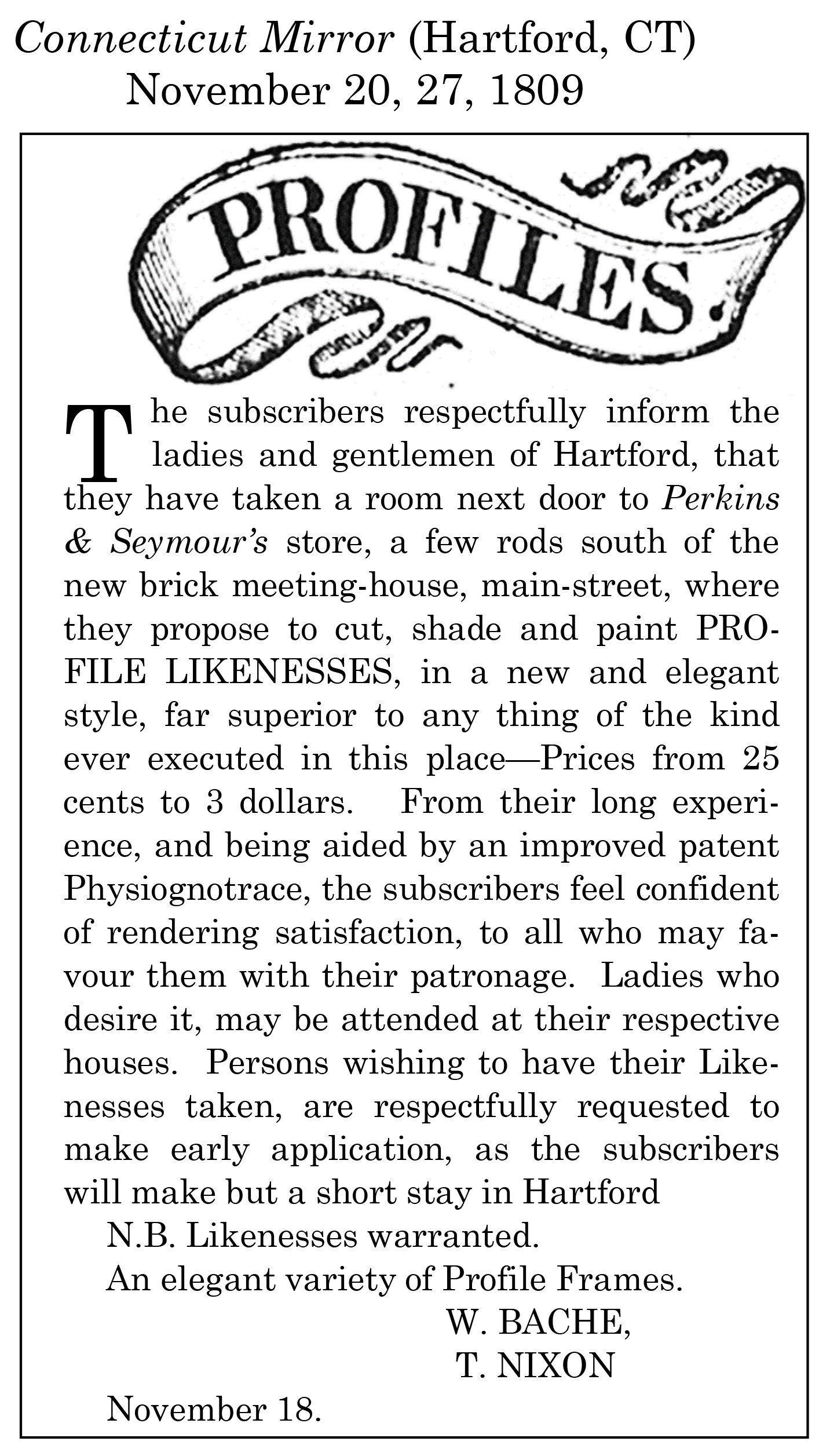 William Bache newspaper advertisement clipping