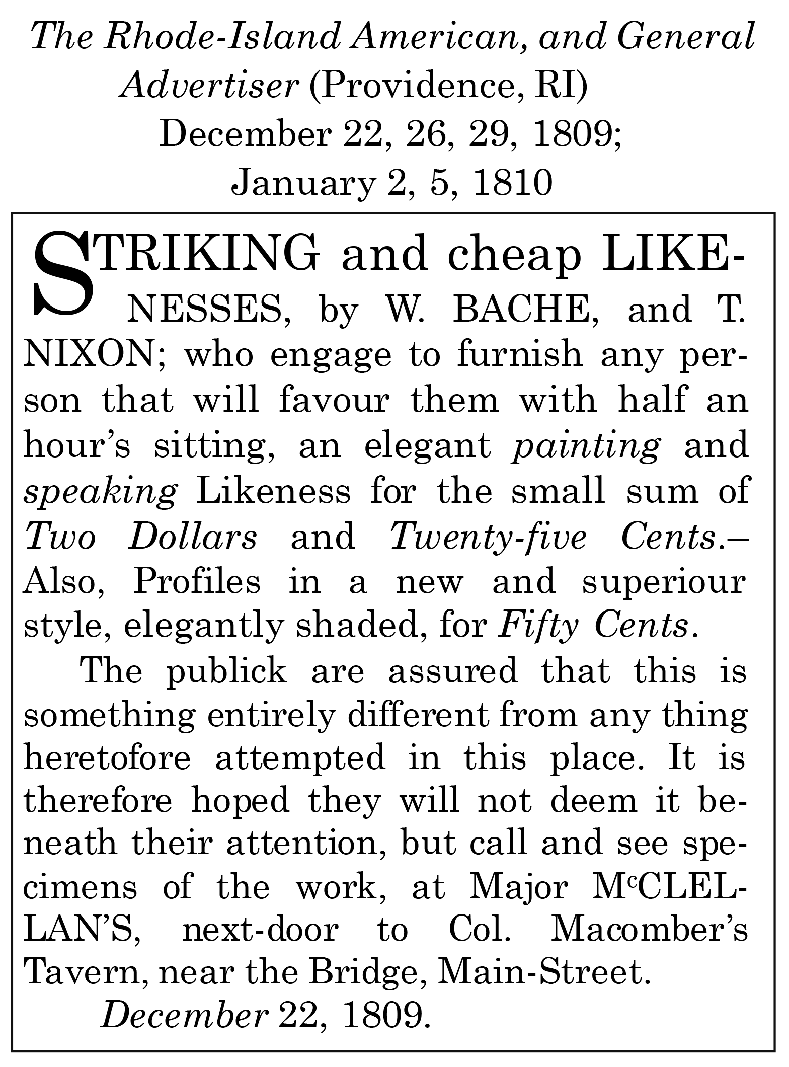 William Bache newspaper advertisement clipping