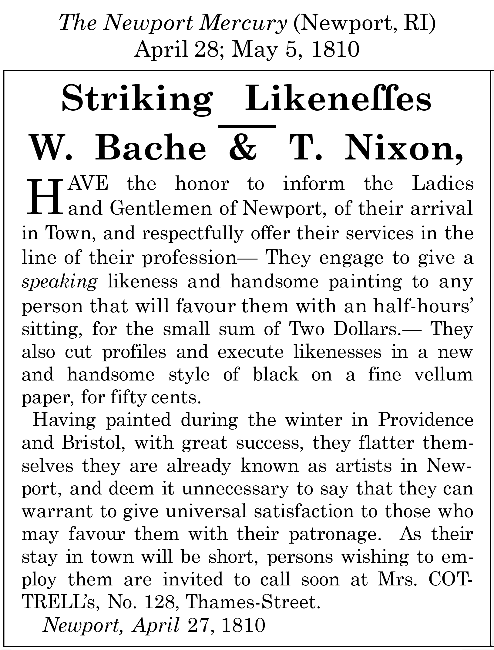 William Bache newspaper advertisement clipping