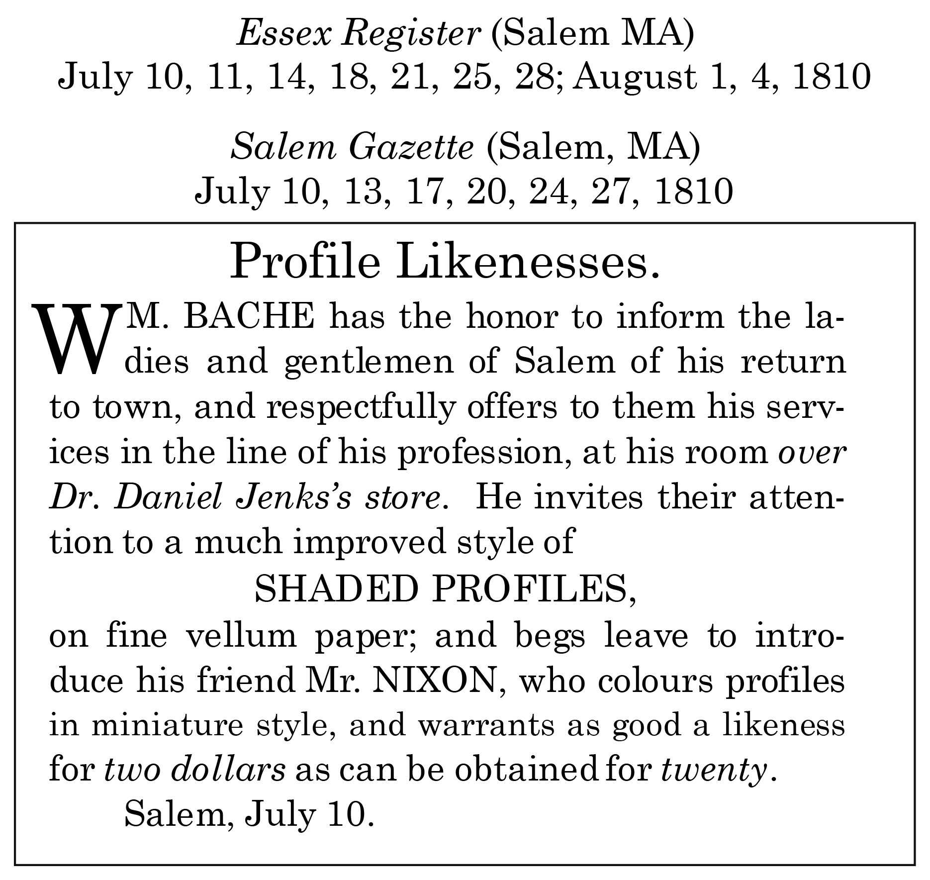 William Bache newspaper advertisement clipping