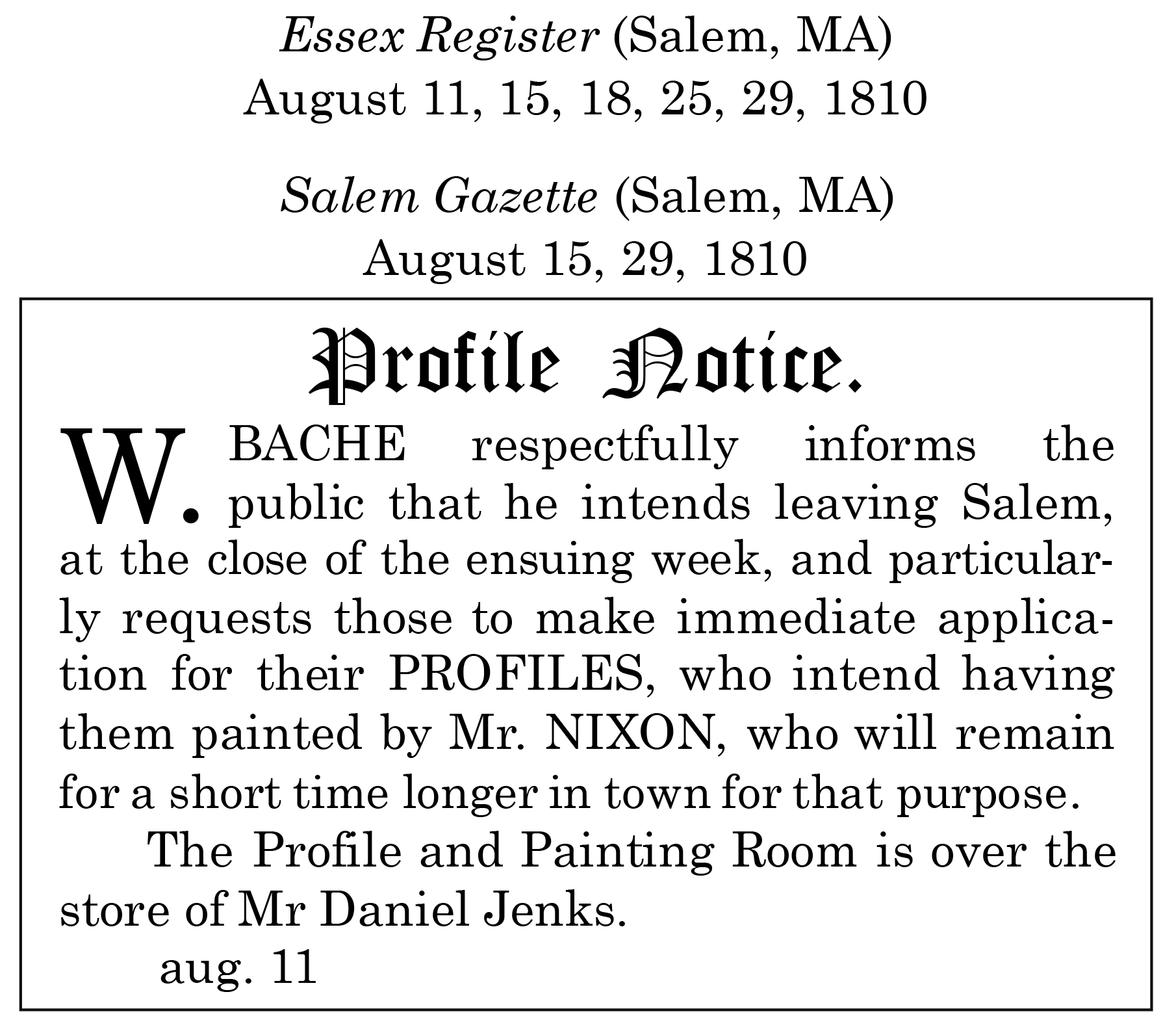 William Bache newspaper advertisement clipping