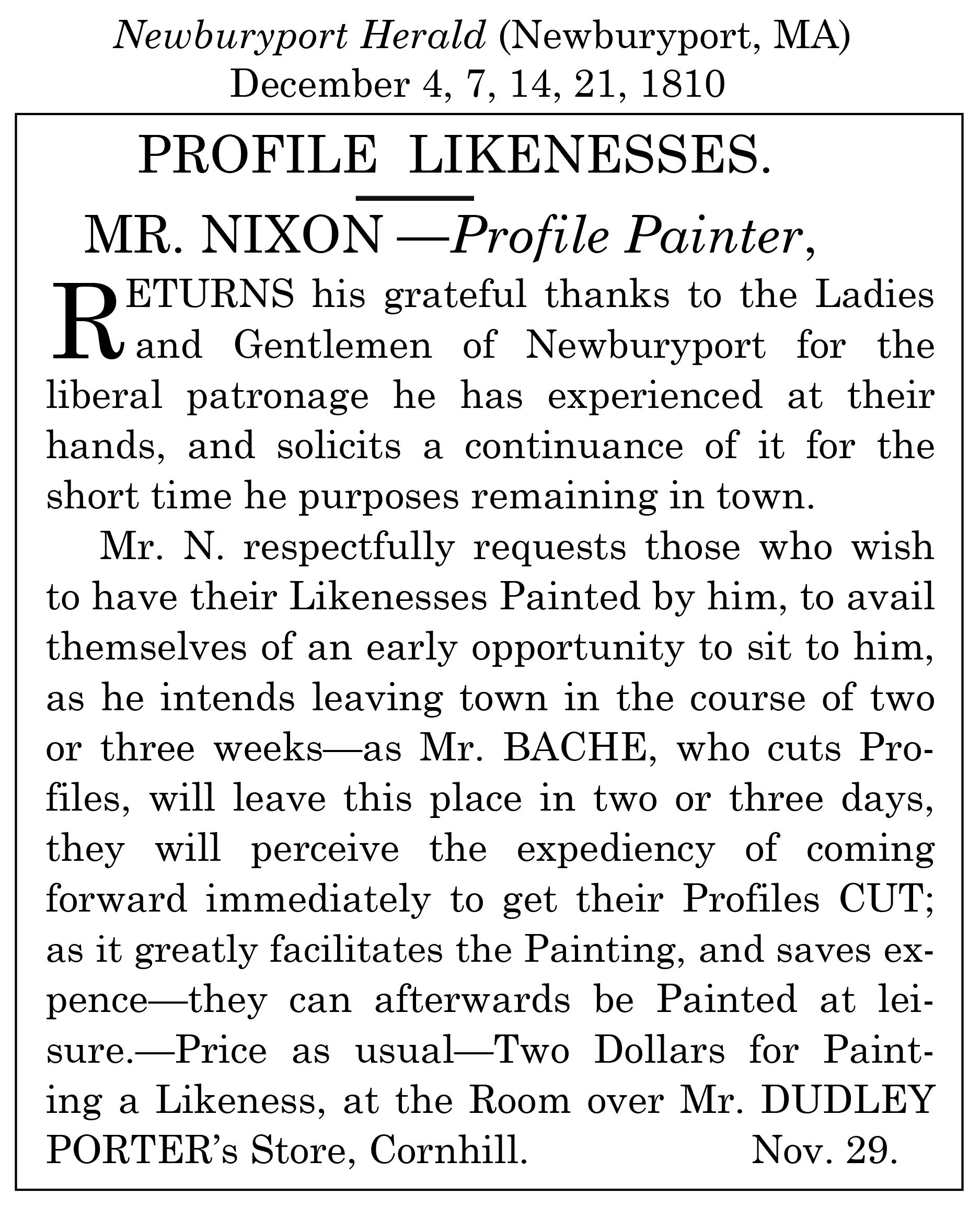 William Bache newspaper advertisement clipping