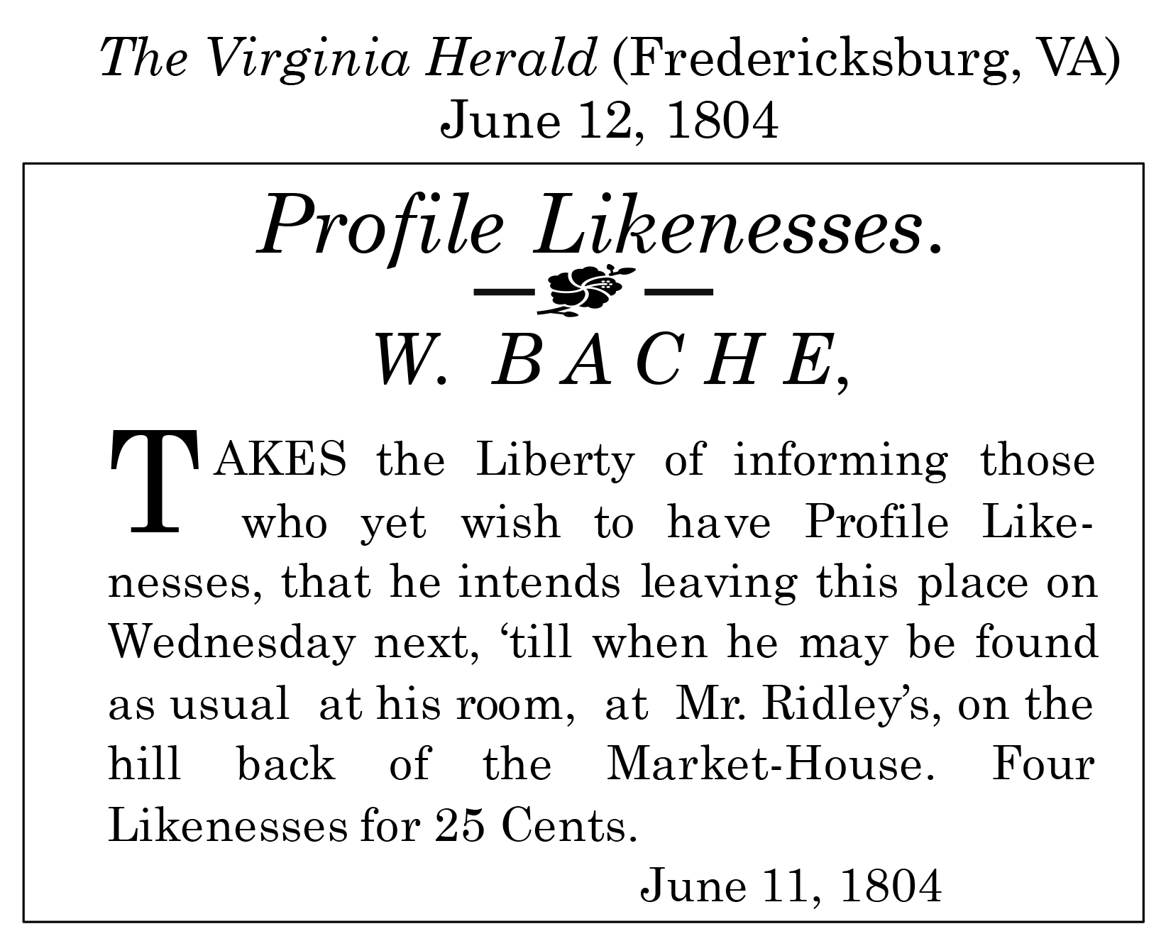 William Bache newspaper advertisement clipping