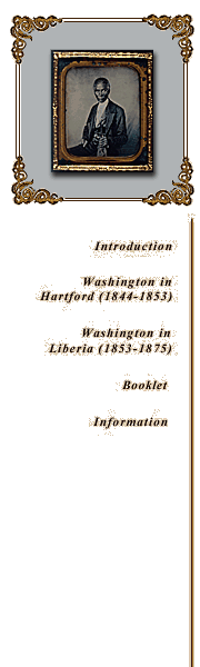menu: Introduction, Washington in Hartford, Washington in Liberia, booklet, information