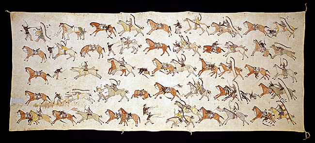 Muslin tapestry depicting a Native American battle