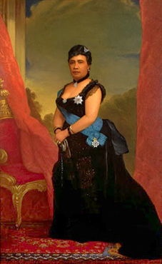 Full length portrait of a Hawaiian queen in regalia