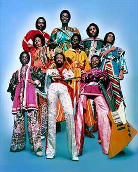 the band  in colorful costumes