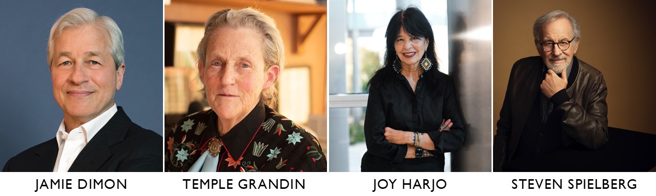 Composite image with portraits of Jamie Dimon, Temple Grandin, Joy Harjo, and Stephen Spielberg