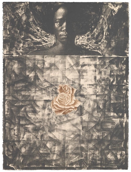 Black and white poster with a woman's bust on one half and a pink rose on the other half
