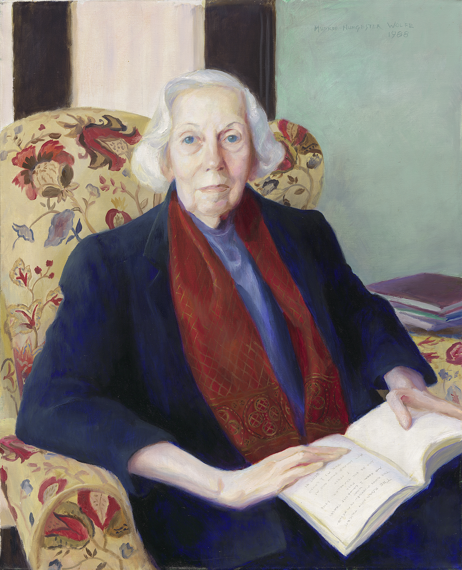 Painting of an older white-haired woman seated in a chair