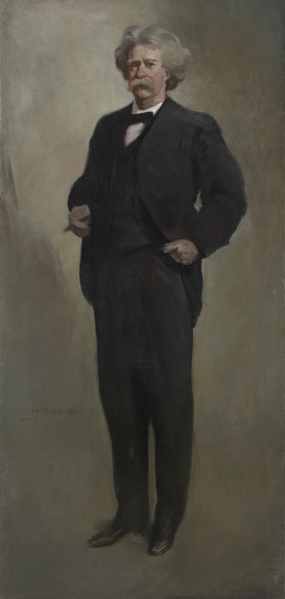 full length portrait of a man with white hair and a full gray mustache