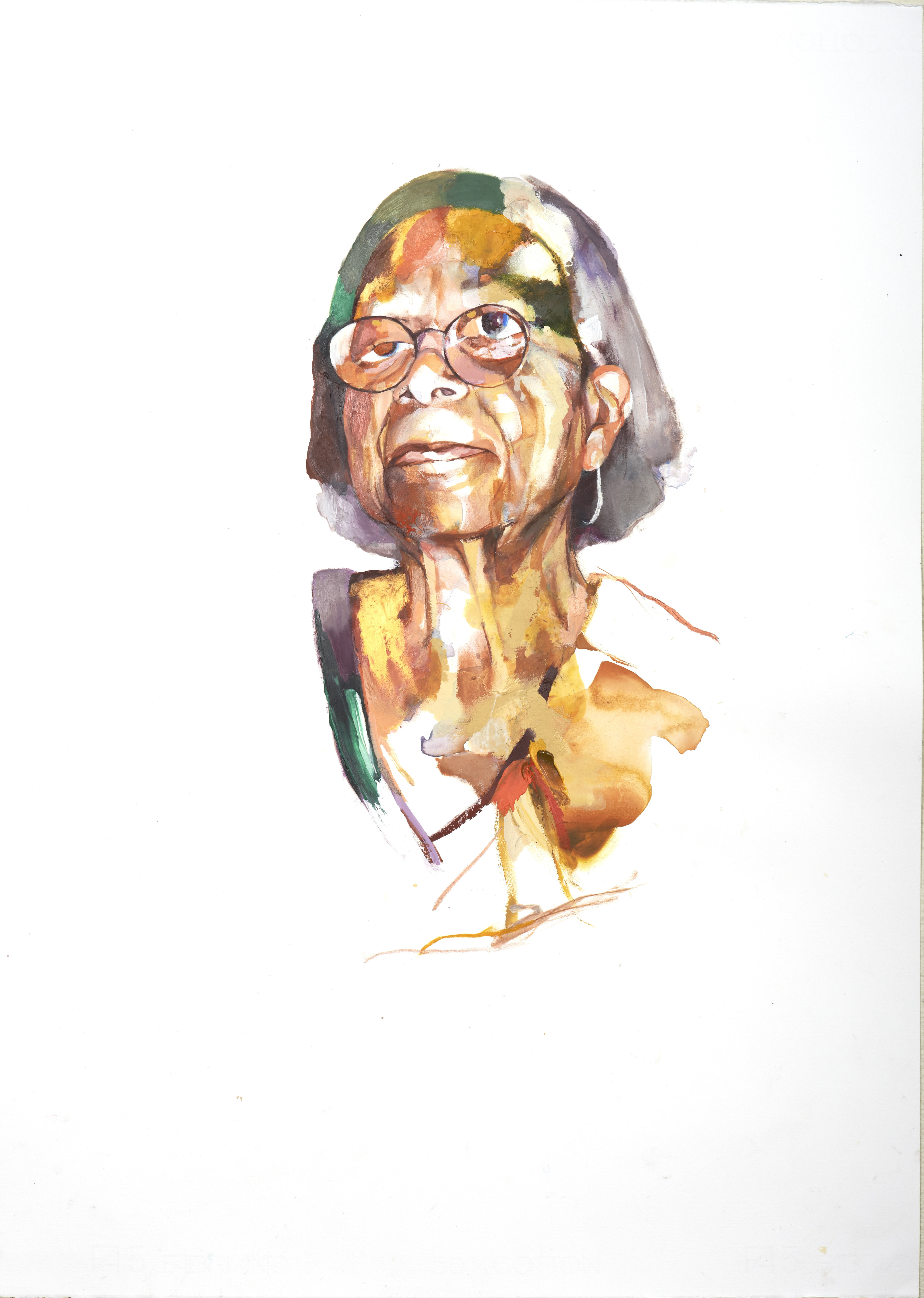 A watercolor painting of a woman wearing glasses