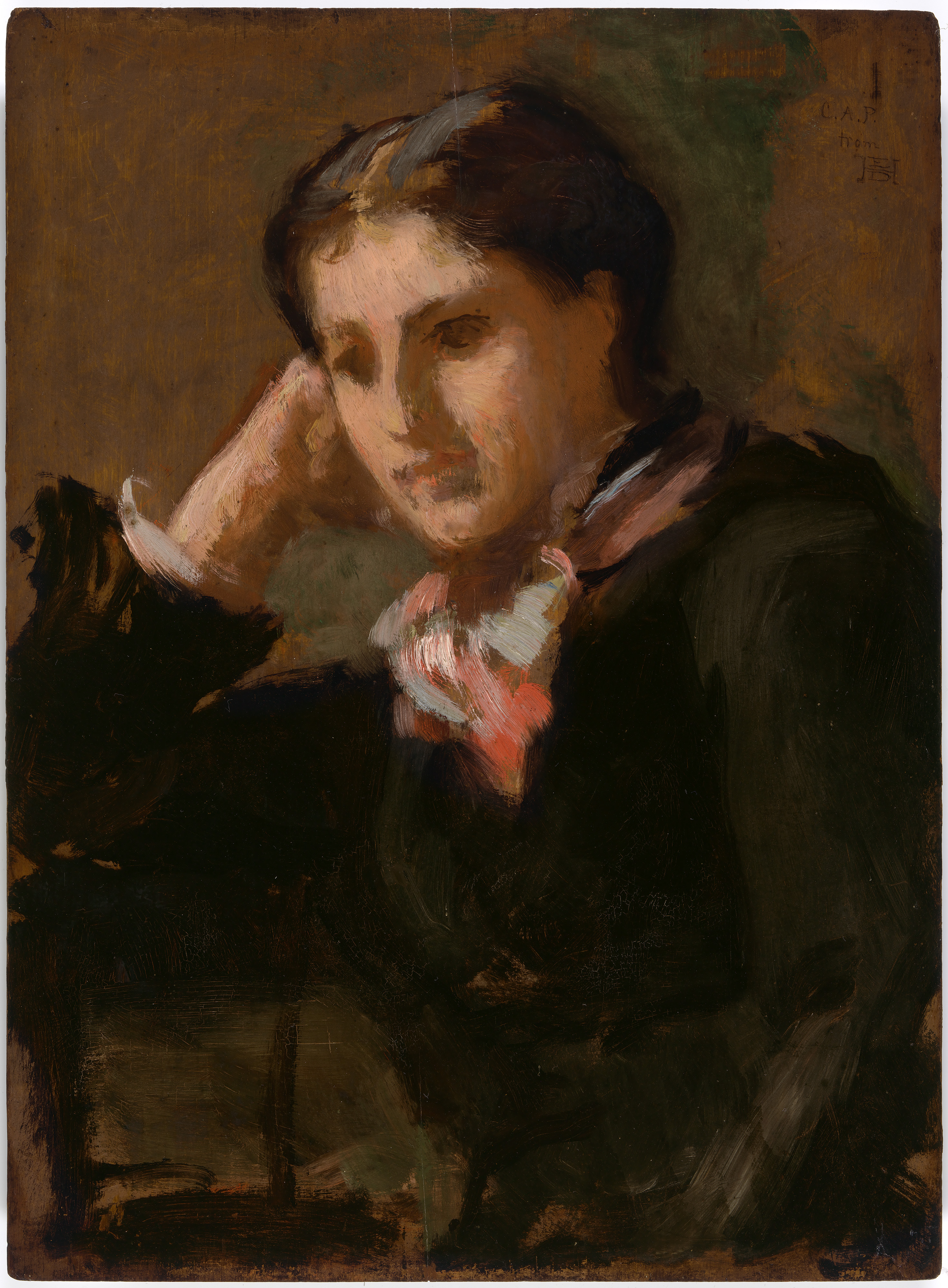 Painterly portrait of a woman looking away from the viewer